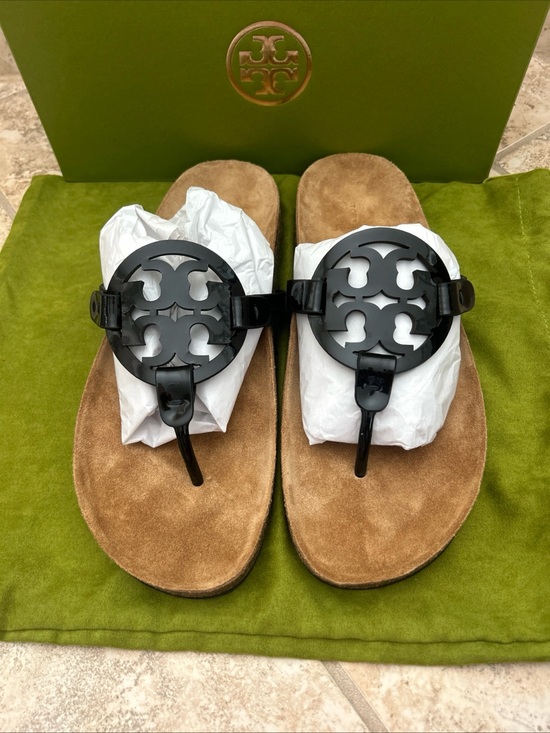 Tory Burch Other - Tory Burch Black Logo Thong Sandals with Tan Footbed